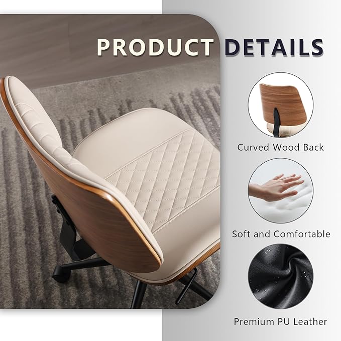 Home Office Chair No Arms with Wheels, Adjustable Height Small Desk Chair, PU Leather Mid Back 360 Swivel Computer Chair, Armless Modern Walnut Chair for Office, Reading Meeting Room(Beige)-DeskLoop Office
