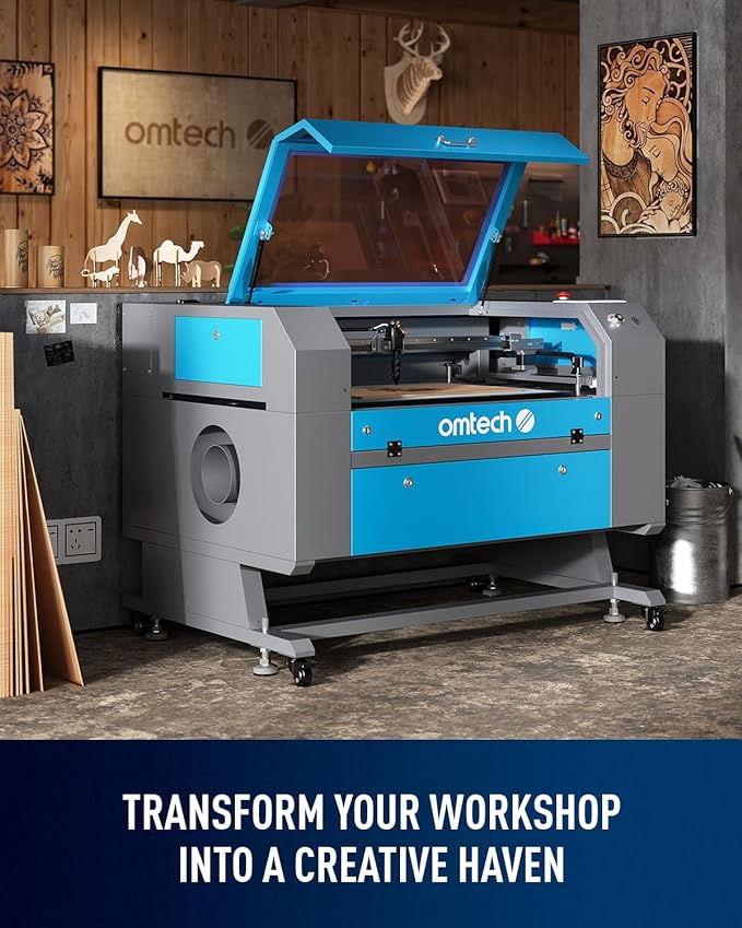 OMTech 100W CO2 Laser Engraver with LightBurn & Water Chiller, 20"x28" Laser Engraving Cutting Machine with 4 Way Pass Through Air Assist Wheels, Industrial Laser Cutter-DeskLoop Office