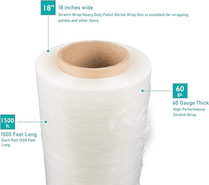 256 Rolls 18" x 1500 Ft Stretch Wrap Heavy Duty, Industrial Strength Shrink Wrap, 55 Gauge High Performance Stretch Film Replaces 80 Gauge Low Films, Clear Hand Stretch Wrap-DeskLoop Office