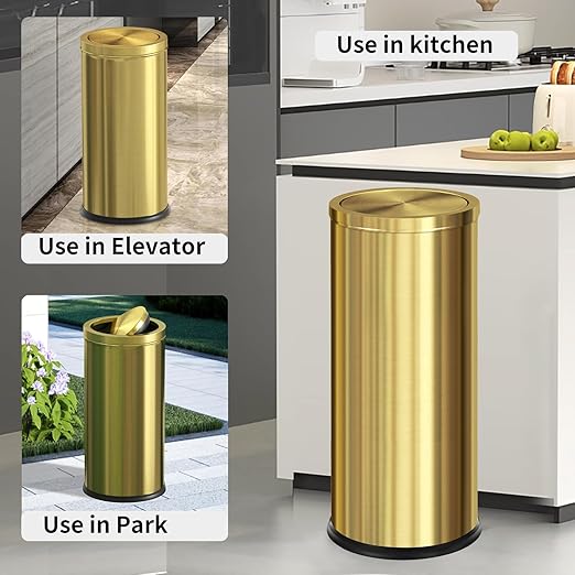 Brushed Gold Kitchen Trash Can with Swing Lid 7.8Gallon,Stainess Steel Commercial Garbage Can Wastebaskets for Shopping mall,Hotel Lobby,Airport, Elevator Entrance Using(Gold, 7.8 Gallon)-DeskLoop Office