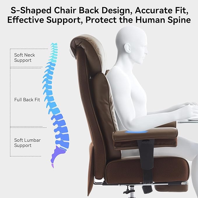 Big and Tall Ergonomic Office Chair 450LBS with Foot Rest, High Back PU Leather Executive Chair with Adjustable Padded Armrests, Lumbar Support for Home or Work, Heavy Duty Computer Chair, Brown-DeskLoop Office