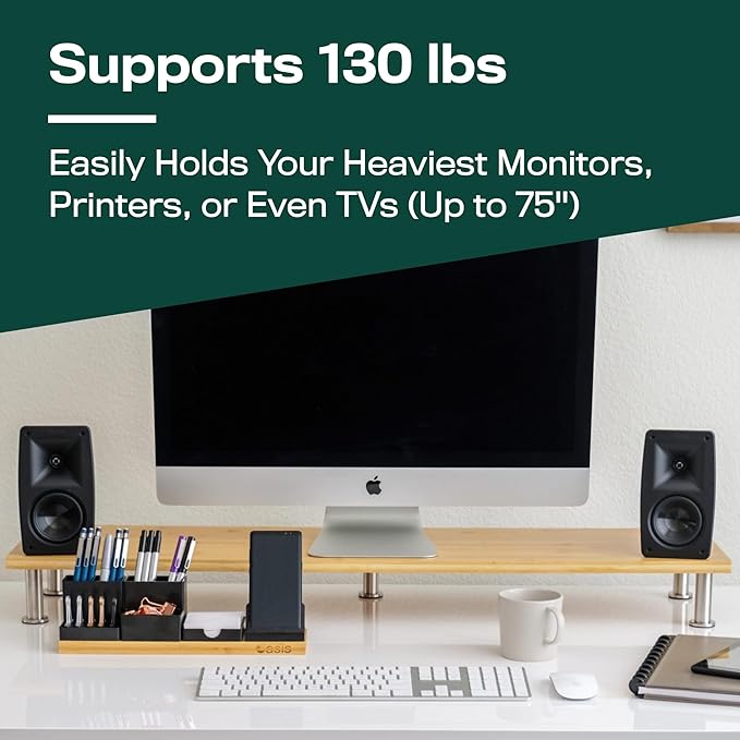 The Original Bamboo Dual Monitor Stand (As Seen On PBS) - 42 Inch Large Monitor Riser for Computer Screens, Laptop or TV - Desk Shelf Adds Storage Space and Improves Ergonomics - Natural-DeskLoop Office