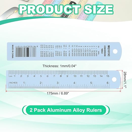PATIKIL 15cm/6" Metal Ruler, 2 Pack Aluminum Alloy Rulers with Centimeters, Millimeters, Inches and Conversion Table Straight Edge Ruler for Writing Machinist Drafting, Blue-DeskLoop Office