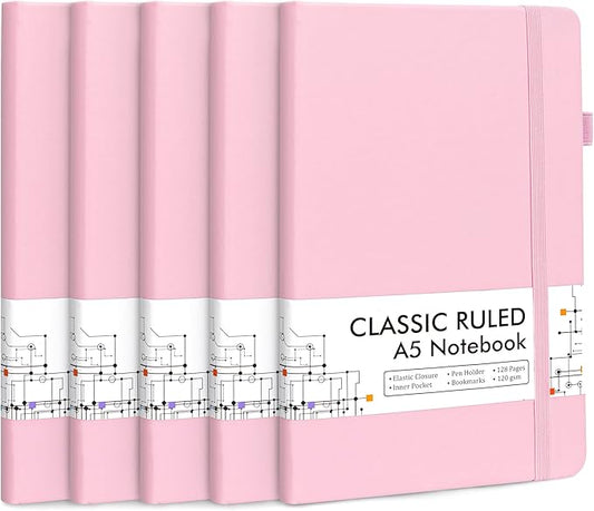 feela 5 Pack Notebooks Journals Bulk, Hardcover Notebook Classic Ruled Lined Journals with Pen Holder for Women Girls School Business Supplies, with 5 Black Pens, 120 GSM, 5.1”x8.3”, A5, Rose Pink-DeskLoop Office