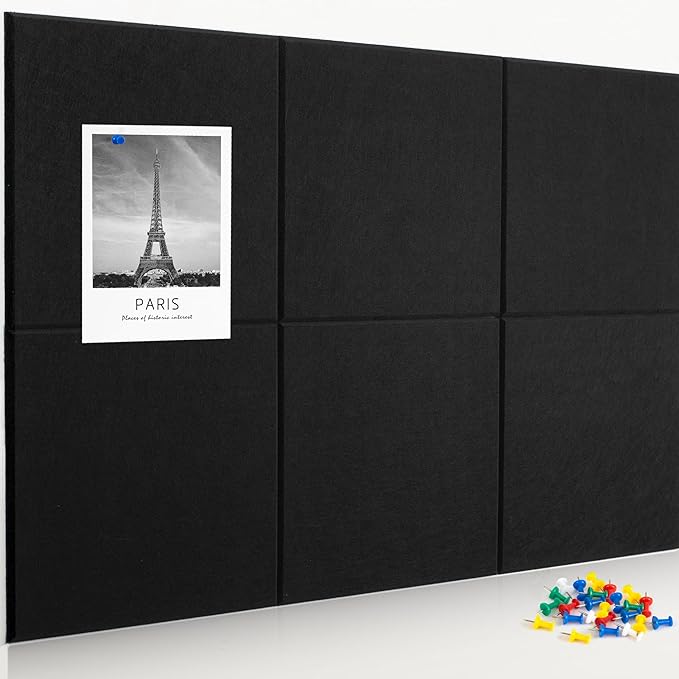 AKTOP Black Cork Bulletin Board 24"x36", 6 Pack Removable Felt Cork Board Tiles for Wall, Large 2 x 3 Bulletin Board Notice Pin Board for Office, School & Home, 24 Safe Adhesive Tabs, 20 Pushpins-DeskLoop Office
