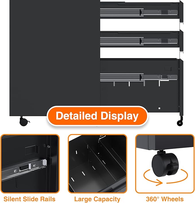 Aobabo Steel 3 Drawer Mobile File Cabinet with Lock, Under Desk Metal Filing Cabinet, 23.6''H A4/Legal/Letter Size Fully Assembled Except Wheels, Black-DeskLoop Office