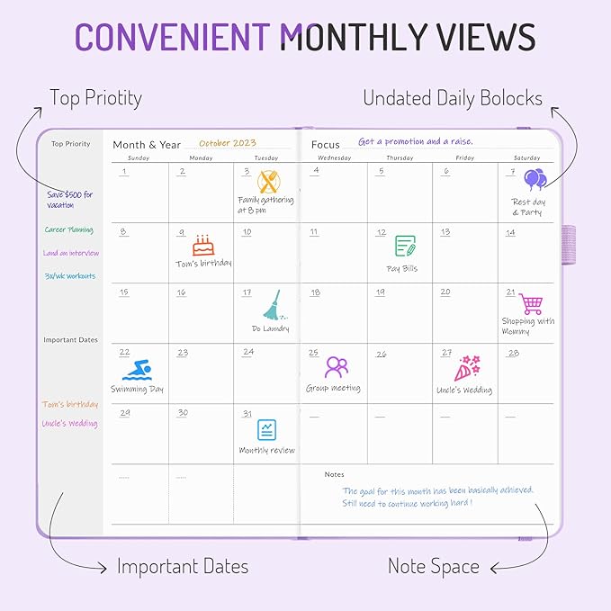 Undated Weekly Planner for 2025, Forvencer Simplified Weekly & Monthly Calendar Planner, Cute Daily Organizer Notebook, Agenda Journal to Track Goals & Tasks, Start Anytime, A5 Size, Lilac-DeskLoop Office
