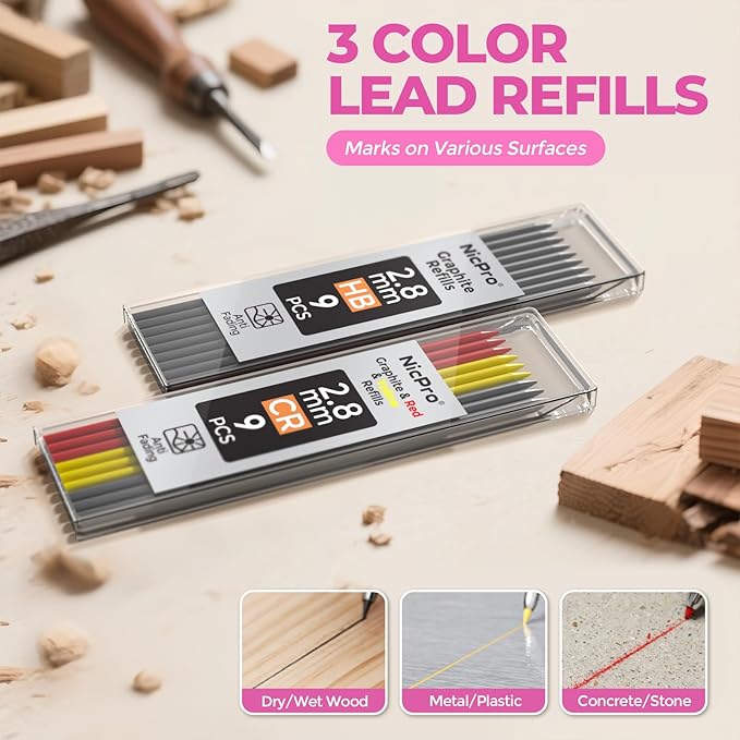 Nicpro CP3000 Carpenter Pencil with Sharpener, Construction Mechanical Pencils with 19 Refills, Heavy Duty Construction Pencil, Pink Woodworking Tools For Women, Great for Marking On Wood, Metal-DeskLoop Office