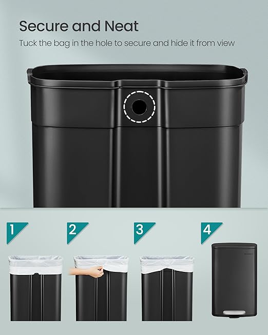 SONGMICS 13 Gallon (50 L) Trash Can, Stainless Steel Kitchen Garbage Can, Recycling or Waste Bin, Soft Close, Step-On Pedal, Removable Inner Bucket, Black ULTB050B01-DeskLoop Office