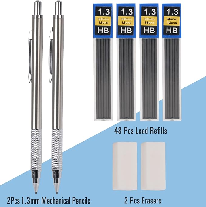 1.3 mm Mechanical Pencil Set with 4 Tubes Lead Refills,2 Eraser,1.3mm Mechanical Pencils,Metal Drafting Pencil, Lead Holder,Drawing Mechanical Pencils,Carpenter Pencils for Marking, Sketching-DeskLoop Office