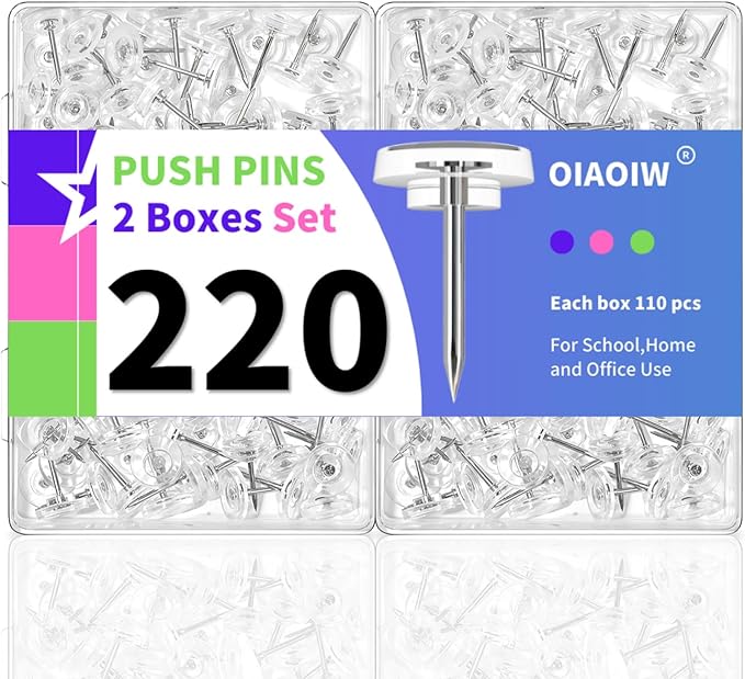 220 PCS Flat Clear Push Pins for Wall Thumb Tacks for Walls Flat thumbtacks Push pin for Bulletin Board Shadow Box Display Thumbtack for Cork Board (2 Boxes Clear)-DeskLoop Office