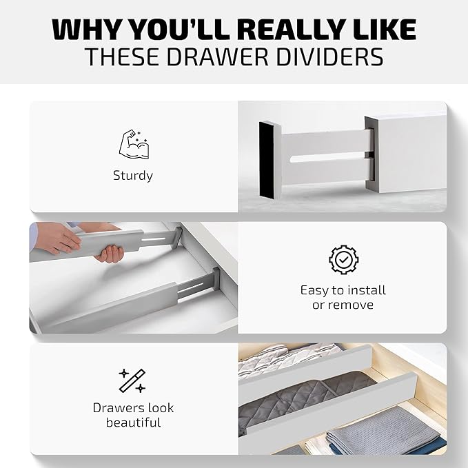 4 Pack Drawer Divider - Bamboo 2.6" High, 12.5-17" Adjustable Drawer Organizers for Clothes, Expandable Dresser Separators in Bedroom/Bathroom/Kitchen/Office Organization and Storage (Grey)-DeskLoop Office