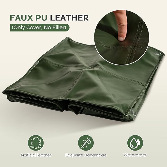 Unstuffed Pouf Cover, 17.7" Faux Leather Poofy Ottoman Cover, Square Footstool For Storage Living Room Decoration Foot Rest, Footrest for Bedroom Balcony Office Chair, (Only Cover, No Filler), Green-DeskLoop Office