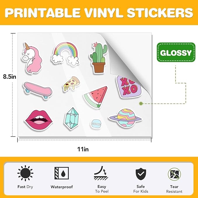 100 PCS Sticker Paper for Inkjet Printer,Printable Vinyl Sticker Paper Dries Quickly Vivid Colors,8.5"x11" Tear Resistant Printable Vinyl,Glossy White,Inkjet & Laser Printer