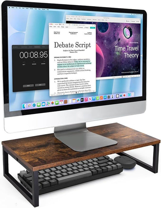 ARCOBIS 20 Inch Monitor Riser, Wood & Metal Computer Monitor Stand Riser for Desk, Rustic Brown-DeskLoop Office