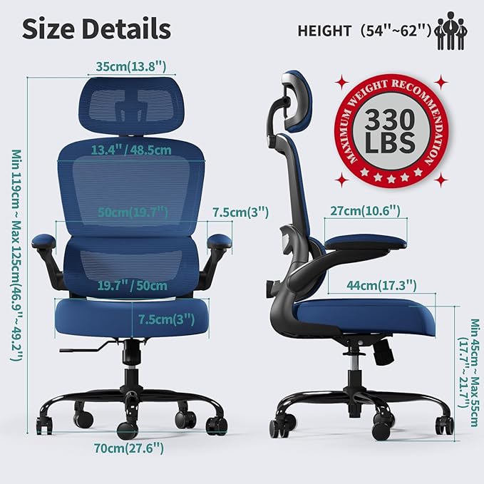 TRALT Office Chair Ergonomic Desk Chair, 330 LBS Home Mesh Office Desk Chairs with Wheels, Comfortable Gaming Chair, High Back Office Chair for Long Hours (Blue)-DeskLoop Office