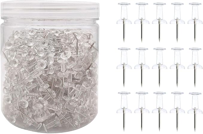 Clear Push Pins 600pcs Standard Thumb Tacks Steel Point Transparent Plastic Head Pins for Hanging Photo Posters Craft Marking Map Wall Cork Board-DeskLoop Office