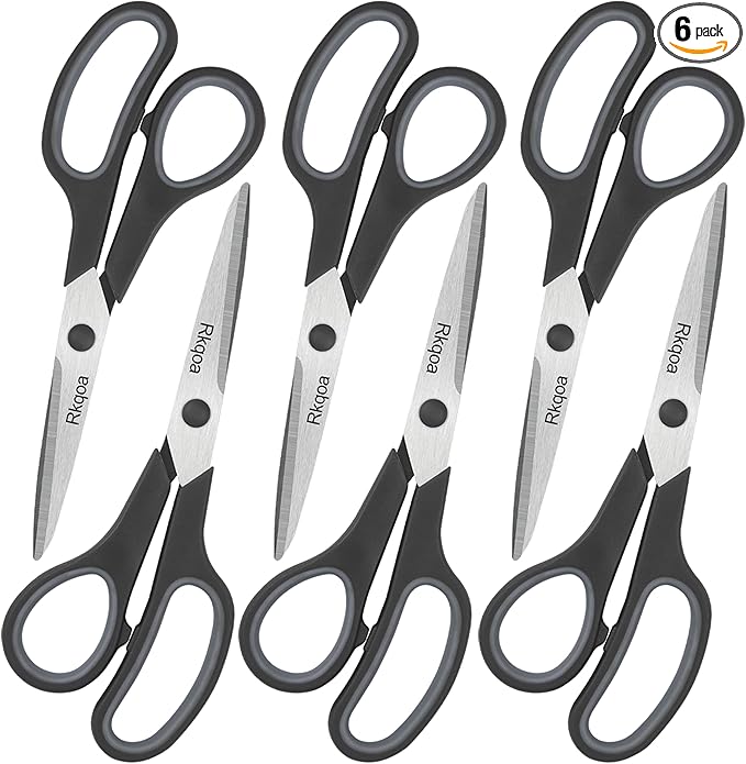 Black 6 Scissors Pack, Rkqoa 8" All Purpose Scissor - High Performance and Designed for Everyday use, Stainless Steel Shears Set with Comfort Grip, Right/Left Handed-DeskLoop Office
