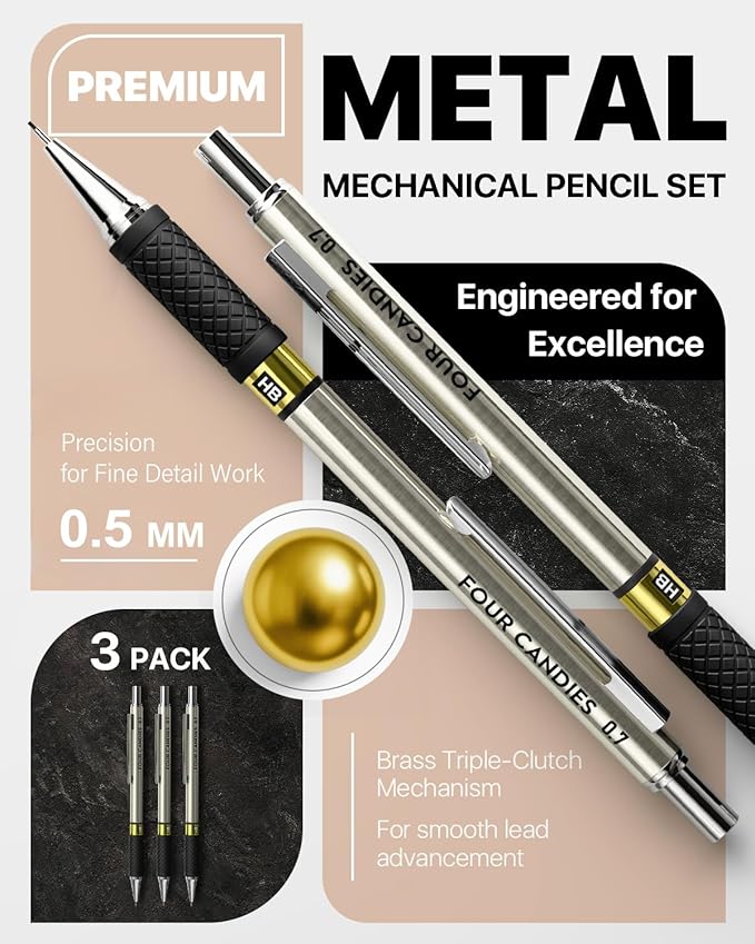 Four Candies Metal Mechanical Pencil Set - 3PCS 0.5mm Art Mechanical Pencils & 360PCS HB Lead Refills & 3PCS Erasers & 9PCS Eraser Refills, Drawing Mechanical Pencils for Writing, Sketching -With Case-DeskLoop Office