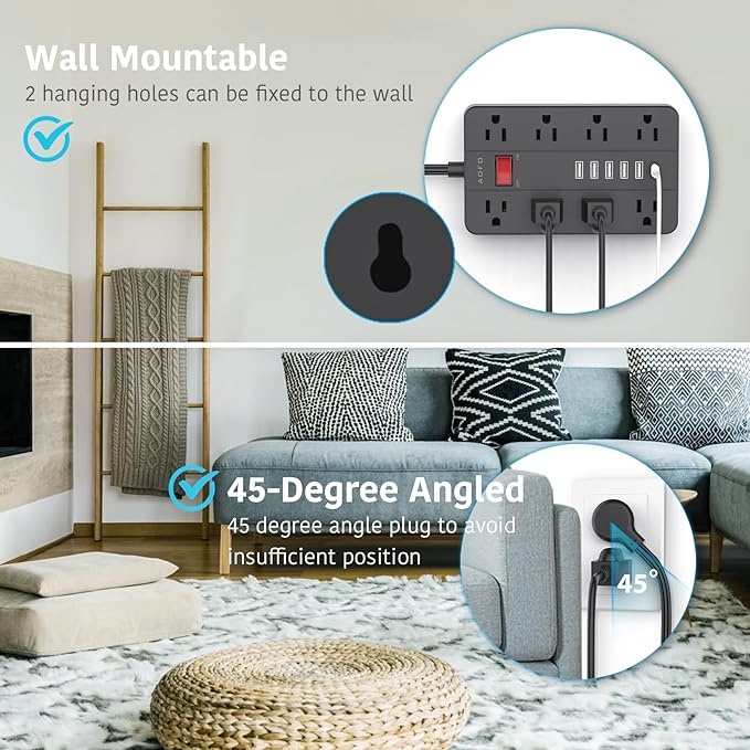 10ft Extension Cord Long Power Strip,AOFO 8 Widely-Spaced Outlets & 6 USB(1 USB C) Ports Flat Plug Power Strip,Power Cord for Wall Mountable and Desktop Black