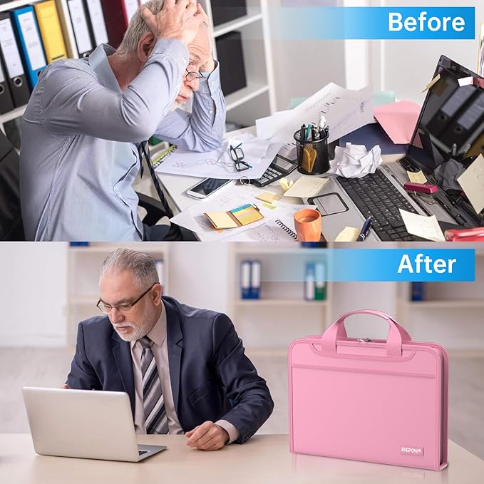 ENGPOW Accordion File Organizer,Fireproof Expanding File Folder with Multi Pockets,13 Pockets Document Organizer with Handle & Labels,Portable Home Travel Safe Storage Folder for Letter A4 Files,Pink-DeskLoop Office