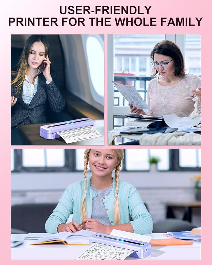 COLORWING Portable Printers Wireless for Travel, 300DPI Mini Compact Inkless Printer, Thermal Bluetooth Printer Compatible with Android and iOS Smartphone & Tablet & Laptop - Purple-DeskLoop Office