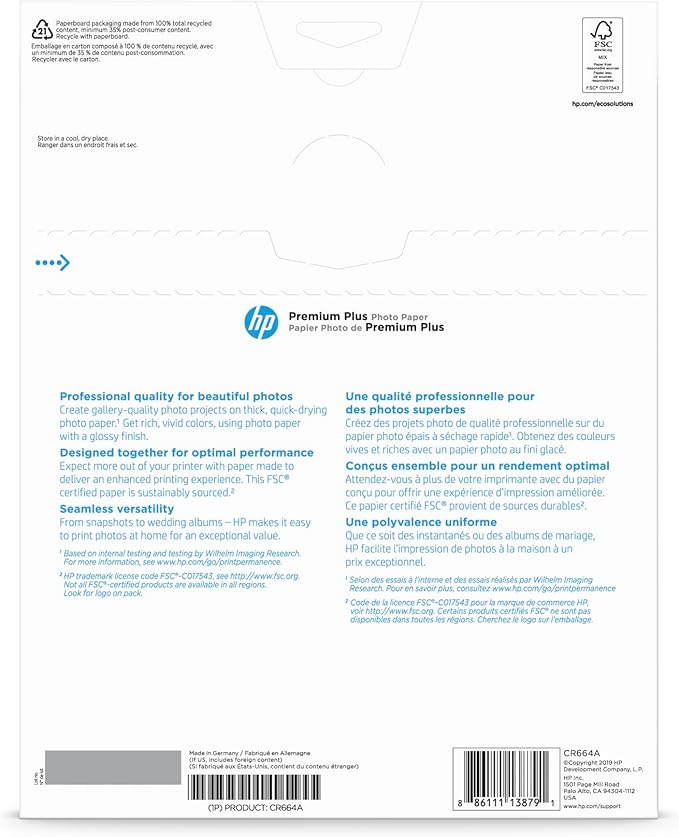 HP Premium Plus Photo Paper, Glossy, 8.5x11 in, 50 sheets (CR664A), White, Pack 1-DeskLoop Office