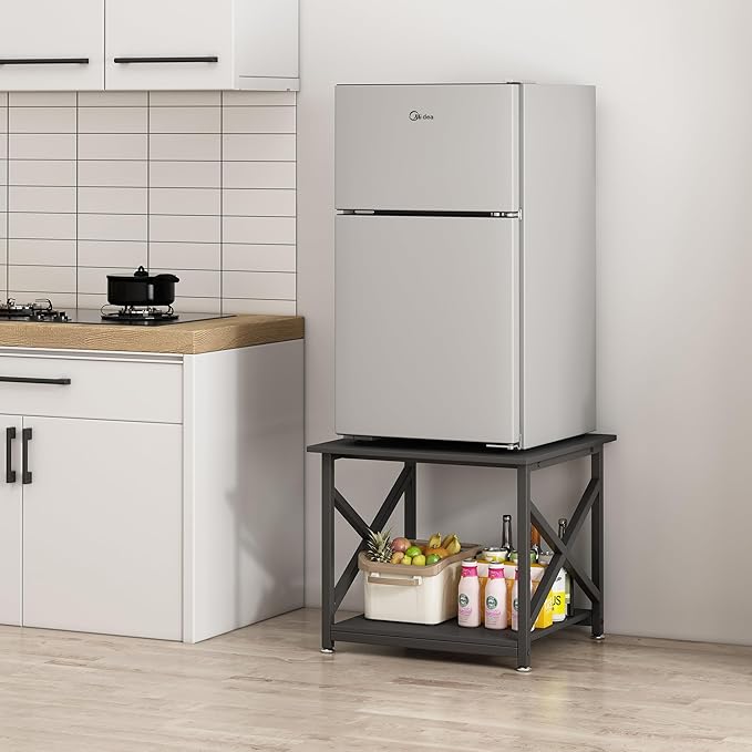 2 Tier Large Printer Stand, 23.6 x 23.6 x 22.6 Inches Square Printer Table with Storage Shelf, Rolling Printer Cart with Industrial Wheels for Home Office, Mini Fridge Stand Table - Black-DeskLoop Office