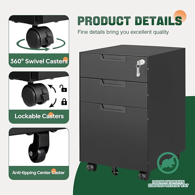 Letaya 3 Drawer Mobile File Cabinet with Lock,Under Desk Metal Small Filing Cabinets for Home Office Organizer Letters/Legal/A4(Fully Assembled Except Wheels-Black)-DeskLoop Office