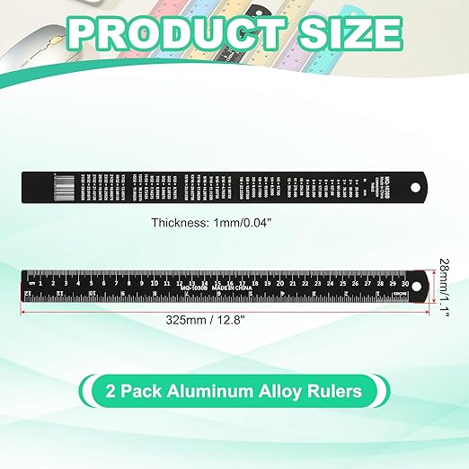 PATIKIL 30cm/12 Metal Ruler, 2 Pack Aluminum Alloy Rulers with Centimeters, Millimeters, Inches and Conversion Table Straight Edge Ruler for Writing Machinist Drafting, Black-DeskLoop Office