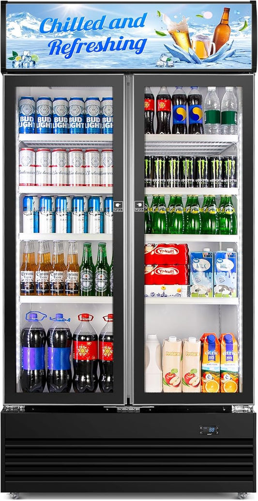 Commercial Beverage Refrigerator, 40 Inch 35 Cu.Ft. Commercial Drink Fridge, Display Refrigerator with Double Glass Door, Commercial Display Fridge with 8 Adjustable Shelves, for Shop,Restaurant,Bar-DeskLoop Office