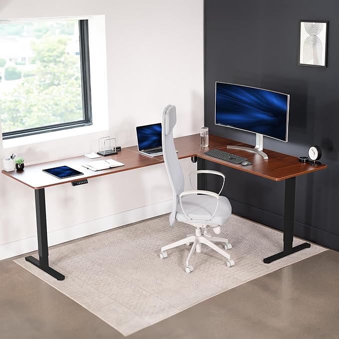 VIVO Electric Corner L-Shaped 84 x 63 in Standing Desk, Memory Height Adjustment, Dark Walnut Top Black Frame, DESK-E3CTBD-84-DeskLoop Office