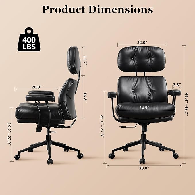 Mid Century Modren Big and Tall Office Chair,Large Ergonomic Executive Chair for Heavy Duty People, Computer Desk Task Chair with Wheels, Faux Lether Fabric Wide Chair for Home Sturdy,Black-DeskLoop Office