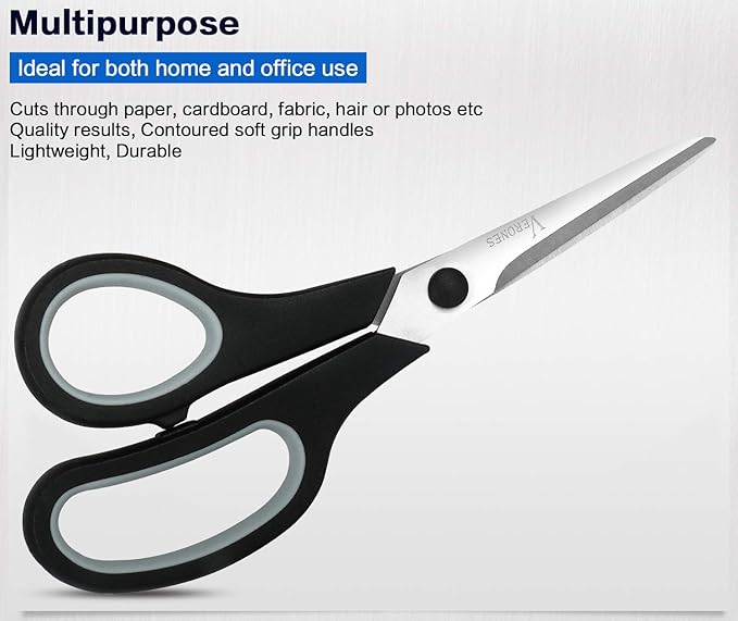 Scissors, VERONES 8 Inch Soft Comfort-Grip Handles & Stainless Steel Sharp Blades Perfect for Cutting Paper, Fabric Photos, & More, 15-Pack-DeskLoop Office