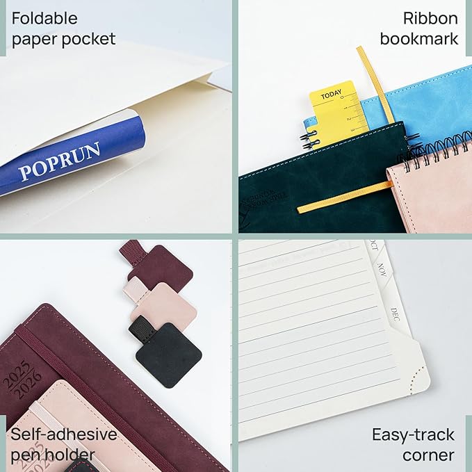 POPRUN Planner 2025-2026 Weekly Notebook for Purse(Pocket Size 4''x 6.25'') Small Academic Calendar (JUL.25 - JUN.26) with Monthly Tabs, Leather Soft Cover, Inner Pocket, 100 GSM - Royal Blue-DeskLoop Office