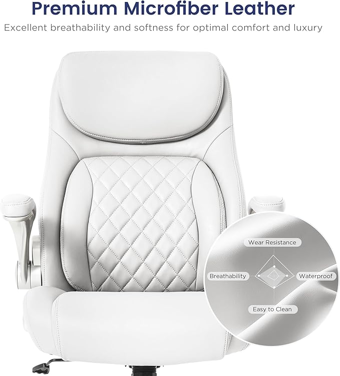 Nouhaus Ergonomic Office Chair Premium Microfiber Leather Adjustable Lumbar Support & Armrests, High Back Comfy Desk Gaming Chairs Executive Computer Swivel Chair Tilt Function(Posture,White)-DeskLoop Office
