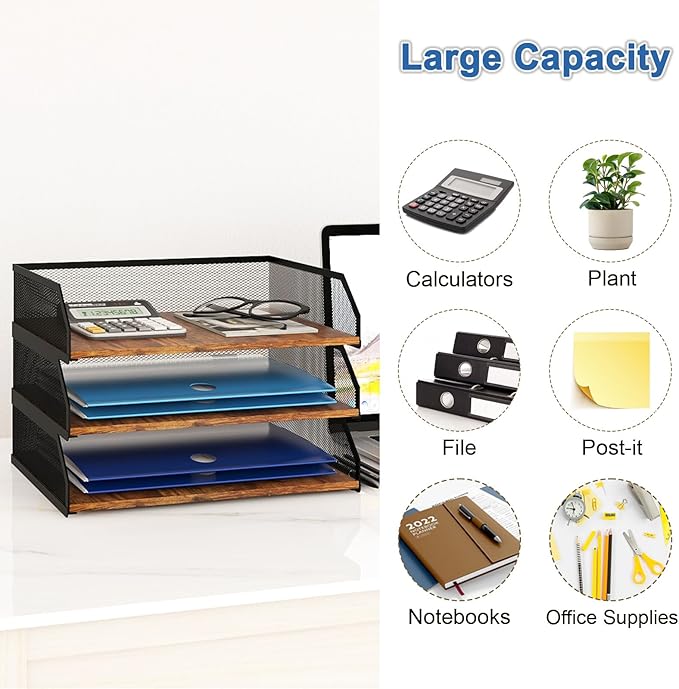 Natwind 3-Tier Stackable Paper Tray, Metal Mesh Desktop Organizer, Paper Sorter, Letter Trays,File Document Storage Rack for for Home, Office, School (Retro)-DeskLoop Office