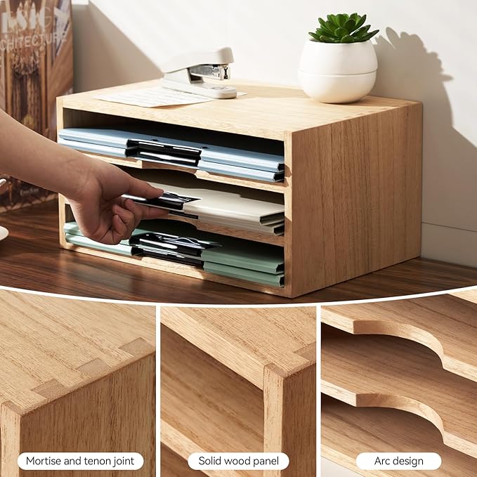 KIRIGEN Wooden Desktop Organizer Paper Storage Letter Tray File Sorter - Desk Rack Magazine File Dividers Holders for Home Office Accessories Wood Desk Cabinet with 3 Layer Trays Natural(3KWJG-NA)-DeskLoop Office