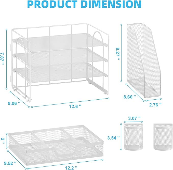 Marbrasse Desk Organizer and Accessories,4-Tier Paper Letter Tray Organizer with File Holder, Desk Accessories & Workspace Desk Organizers with Drawer and 2 Pen Holder (White, 15.4" x 9.1" x 8.3")