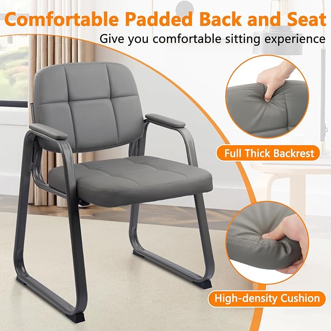 CLATINA Waiting Room Guest Chair with Bonded Leather Padded Arm Rest for Office Reception and Conference Desk Black with Sled Base Grey 4 Pack-DeskLoop Office