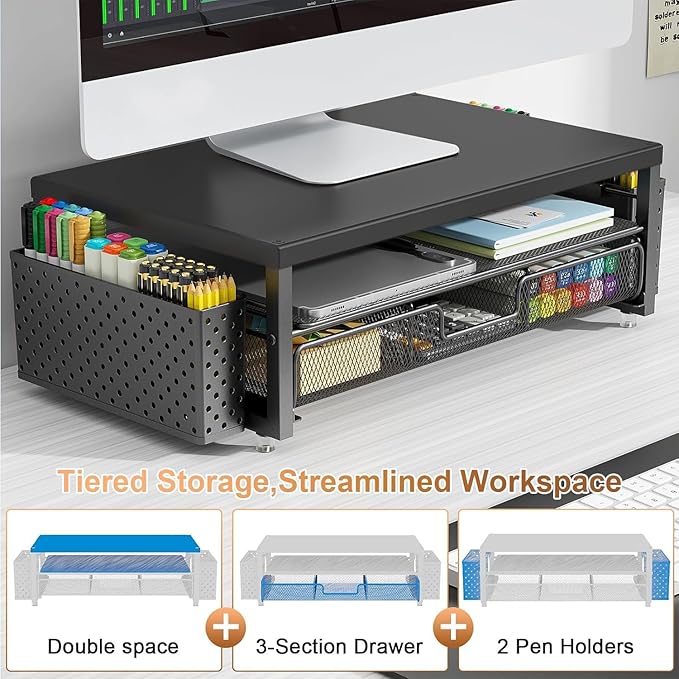 gianotter Wood Monitor Stand Riser, Office Desk Shelf Organizer, Desk Organizer with Drawer and Pen Holder, 2-Tier Computer Stand, Office Organization (Ink)-DeskLoop Office