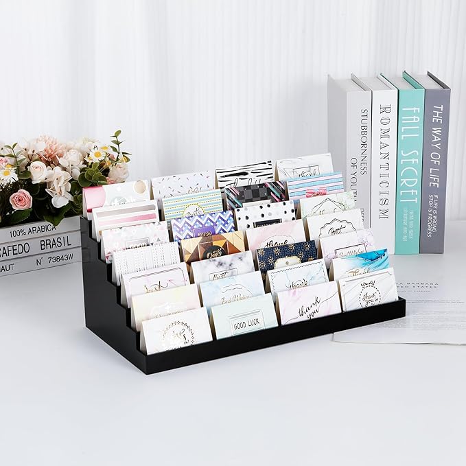Acrylic Business Card Holder for Desk Multiple Business Card Holders 28 Slot 7 Tier Large Business Card Organizer Business Card Display Rack Black Plastic Business Card Stand for Home Office-DeskLoop Office