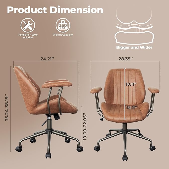 ovios Ergonomic Home Office Chair, Mid-Century Modern Faux Leather Chairs with Padded Armrests, Comfy Mid Back Swivel Rolling Executive Computer Armchair (Brown, Suede Leather)-DeskLoop Office