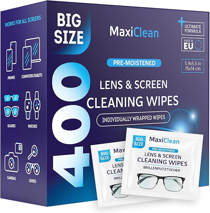 Glasses Wipes Lens Cleaner - Lens Wipes for Eyeglasses - 400 Pre-moistened Individually Wrapped Wipes for Eye Glasses, Electronics, Phone, Computer, Laptop Screen - Camera Lens Cleaner - Made in EU-DeskLoop Office