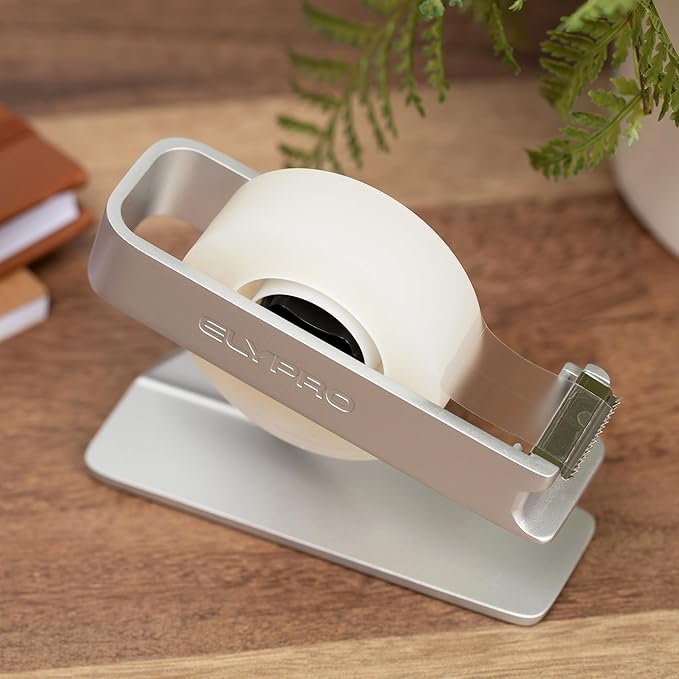 ELYPRO Modern Tape Dispenser for Office Desk - Elegant and Minimalist Design, Heavy Metal Made, Space-Saving, Perfect for Office & Home Use or as a Stylish Gift - Bonus Tape Roll Included (Silver)-DeskLoop Office