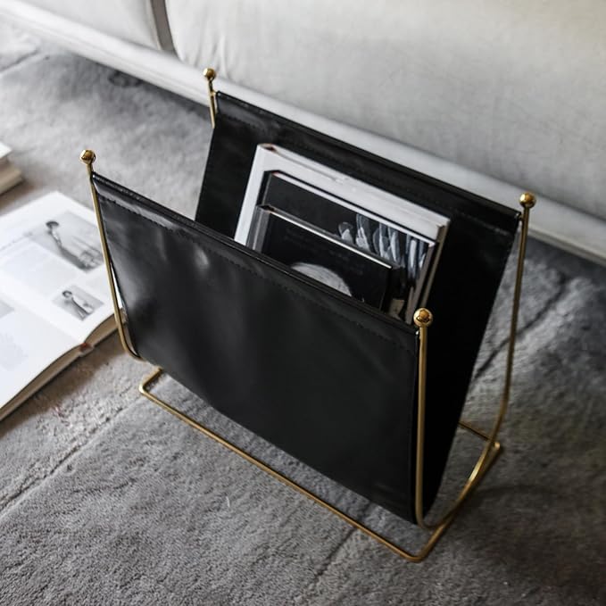 Black Leatherette Magazine Rack Holder, with Metal Ball Bracket,Modern Fashion Style for Books,Newspapers,Home Staging,Bedroom,Hotel,Offices and Living Rooms-DeskLoop Office