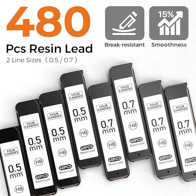 Four Candies 4PCS Metal Mechanical Pencils Set with Case, 0.5mm & 0.7 mm Artist Pencil with 8 Tubes (480PCS) HB Lead Refills, 3 Erasers,9 Eraser Refills For Writing Drafting, Drawing, Black&Silver-DeskLoop Office