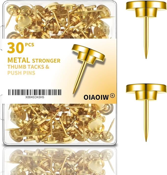 30 PCS Metal Gold Push Pins for Wall Clear Thumb Tacks for Walls Flat thumbtacks Push pin for Bulletin Board Shadow Box Display Thumbtack for Cork Board (Gold)-DeskLoop Office