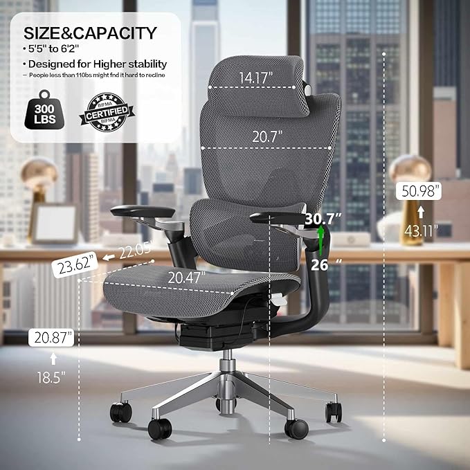 Ergonomic Office Chair, Mesh Home Office Desk Chair with Adjustable Lumbar Support, Gaming Chair with Headrest, 5D Armrest,90-130°Tilt, BIFMA Certified, Model Zen (Grey)-DeskLoop Office