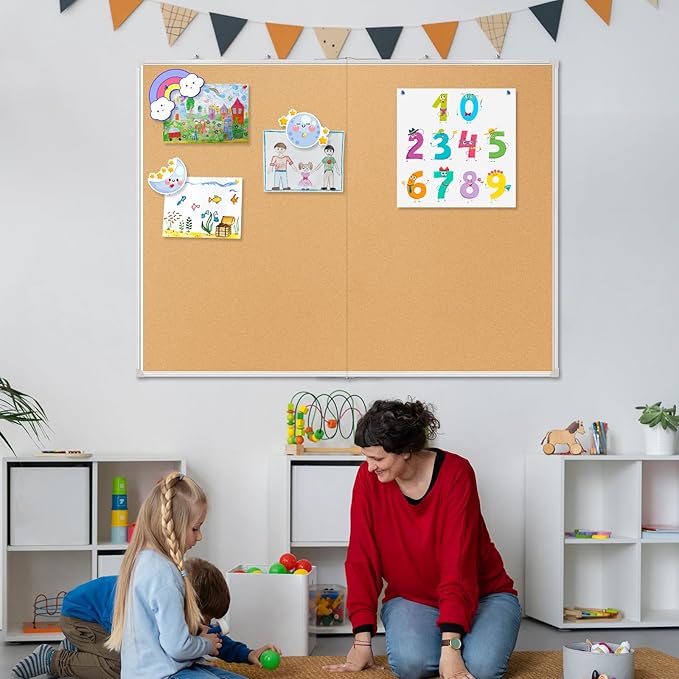 Double-Sided Large Cork Board, 60" x 36" Foldable Hanging Aluminum Framed Bulletin Board, Vision Board Pin Board Corkboards for Walls, Office, School Decor, 20 Pushpins-DeskLoop Office